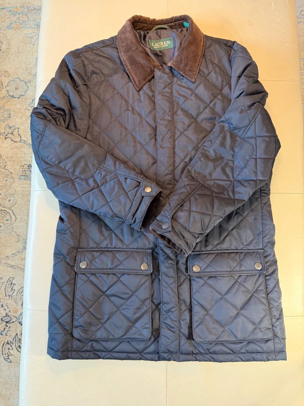 Ralph Lauren Navy Quilted Jacket with Brown Corduroy Collar~Medium